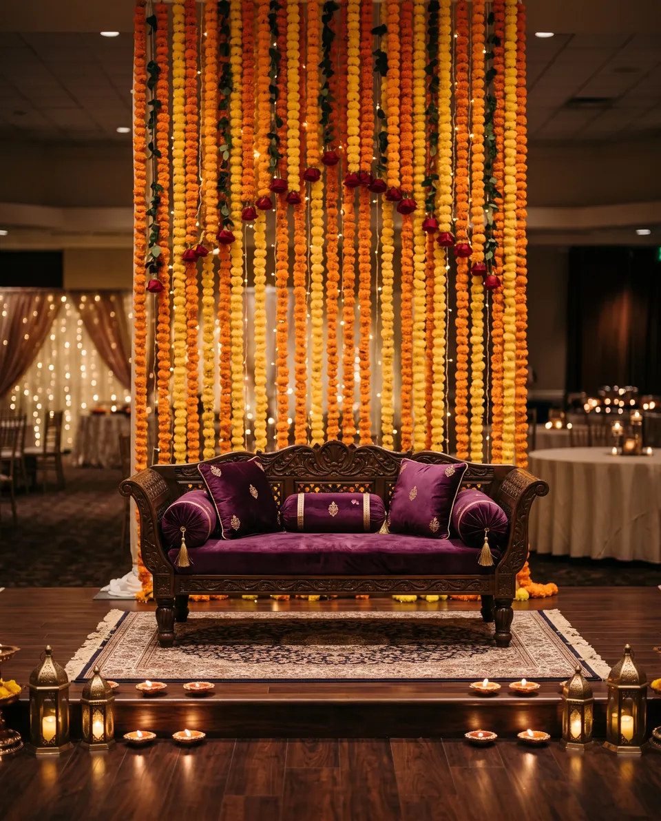 Scene pyntet til mehndi, med en treskåret sofa med lilla puter foran lange kranser av oransje og gule blomster, og lykter langs scenekanten