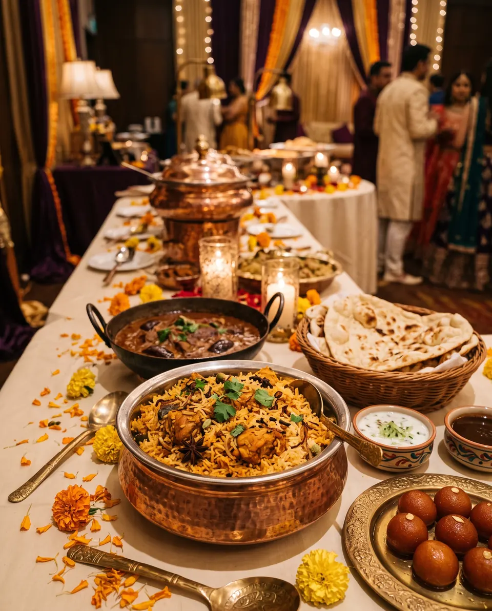 Buffetbord med biryani i kobbergryte, karahi, naan, raita og gulab jamun