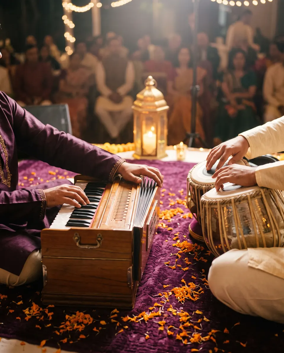 Musikere spiller harmonium og tabla på et lilla teppe strødd med blomsterblader